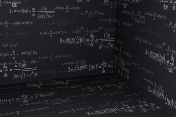 3d background of equations and formulas for mathematics, algebra, logarithms and derivatives, science and engineering background