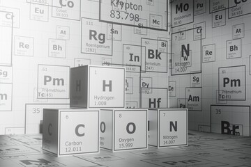3d background of the elements of the periodic table, carbon, hydrogen, oxygen and nitrogen, science and engineering chemistry background