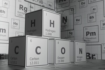 3d background of the elements of the periodic table, carbon, hydrogen, oxygen and nitrogen, science and engineering background