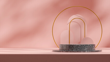 Pastel pink wall black marble podium with gold ring backdrop 3d rendering mockup in landscape