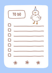 To do list template decorated by kawaii goose. Cute design of schedule, daily planner or checklist. Vector hand-drawn illustration. Perfect for planning, notes and self-organization.