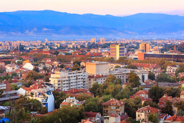 Fototapeta na wymiar Sunrise panorama of Plovdiv city, Bulgaria