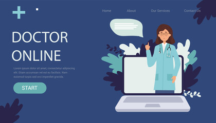  woman doctor consults online by video call on laptop. Telemedicine concept. Chat with a medical worker. Web page template. Vector illustration