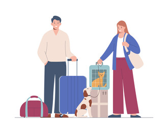 Man and woman goes on trip with pets. The concept of travelling with pets cat and dog. Flat design vector illustration