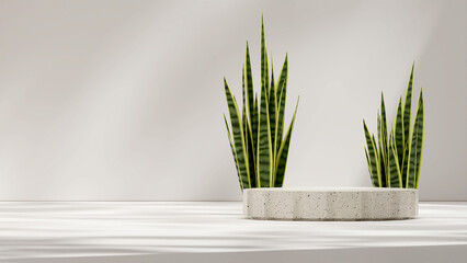 Minimal natural ceramic texture podium with snake plant 3d rendering mockup background landscape