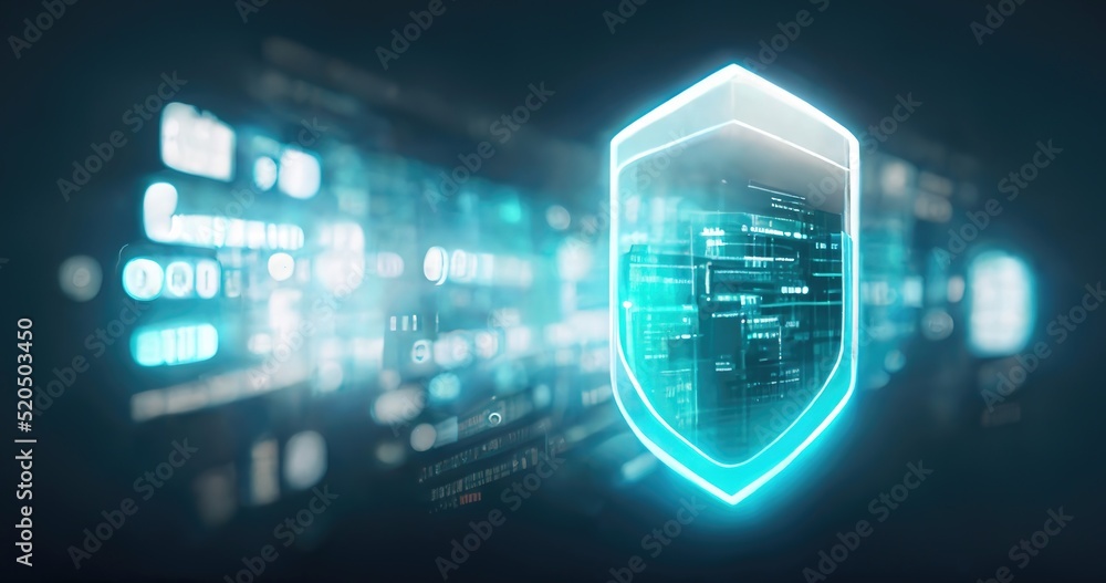 Aufkleber Neon shield, against the background of big data. Cyber security concept. Encryption. Cyber security and information or network protection. Data protection Cyber Security Privacy Business. 3D artwork