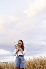 Woman walking on wheat golden field holding heap of rye. Fashionable Female Touching wheatear outdoors in the evening. Copy space