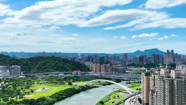 Asian Taiwan TaipeiCity Xindian Riverside Park  bridge culture drone view in 4K
