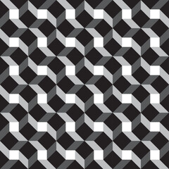 3d cube effect diagonal black, white and grey repeating op art pattern, geometric vector illustration