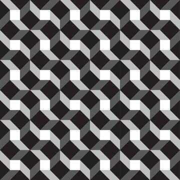 3d cube effect diagonal black, white and grey repeating op art pattern, geometric vector illustration