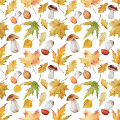watercolor autumn forest seamless pattern. Hello fall. Yellow leaves and forest mushrooms