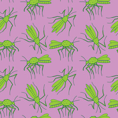 Vector seamless pattern of poisonous green mosquitoes, moths, midges in doodle flat style. Simple texture with insects, bloodsuckers, pests