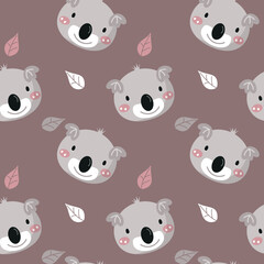 Cute koala seamless pattern, bear muzzle. Cartoon doodle vector illustration. Kid texture, background, wallpapers, leaves ornament. Childish design of wrapping paper, fabric, textile, print