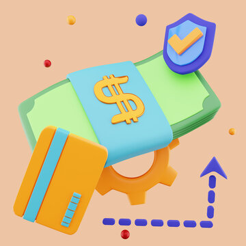 3D rendering Bag of coins and banknotes under an umbrella and shield protection from danfer. Secure investment, insurance. 3D illustration