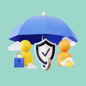 3D rendering Bag of coins and banknotes under an umbrella and shield protection from danfer. Secure investment, insurance. 3D illustration