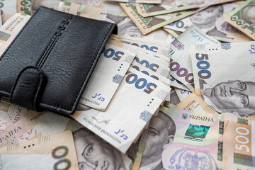 new 500 1000 hryvnia banknotes in a wallet. Ukrainian currency.