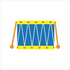 drum and wooden drum sticks. Musical instrument, drum machine. Flat vector illustration isolated on white background.