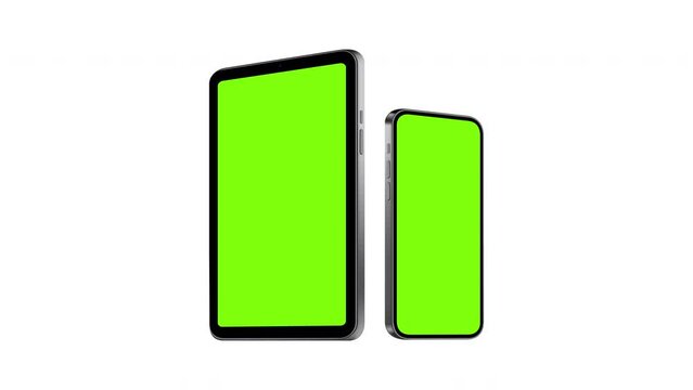Animated Tablet and Phone Mockups With Green Screens, Side View, Isolated on White Background