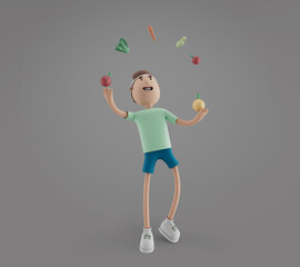 3D character young healthy man with vegetable and fruit