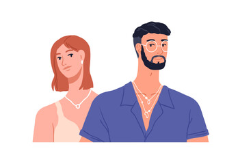 Young man and woman couple. Portrait of modern happy guy and girl. Boyfriend and girlfriend characters together. People with jewelry accessories. Flat vector illustration isolated on white background