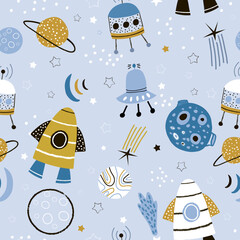 Childish seamless pattern with hand drawn space elements,spaceship, rocket, ufo, star, planet, space probe. Trendy kids vector background.