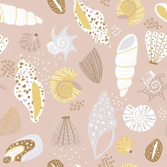 Tuinposter Seamless pattern with sandy hand drawn seashells. Creative marine texture. Great for fabric, textile Vector Illustration © solodkayamari