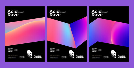 Acid rave party or music festival flyer or poster design template with abstract liquid gradient shapes on black background. Vector illustration - obrazy, fototapety, plakaty