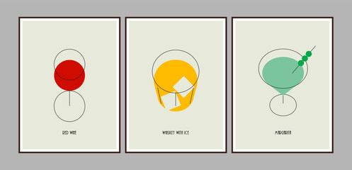 Set of minimalistic cocktail posters with  red wine and whiskey and margarita cocktail glasses isolated on light background for bar or pub or restaurant decoration or wall art print.