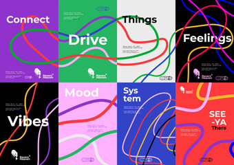 Set of minimalistic creative bright colored posters or covers with dynamic linear shapes for party of festival. Vector illustration