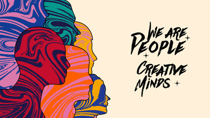 Creative people banner or poster design template with bright colored human heads silhouettes with liquid textures. Vector illustration