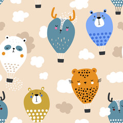 Seamless pattern with funny animals hot air balloons. Creative childish background. Perfect for kids apparel,fabric, textile, nursery decoration,wrapping paper.Vector Illustration - 520506050