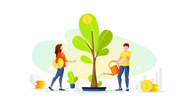 Growing tree with coins. Woman picking cash and man watering the money tree. Profit, income, making money, financial success, investment concept. Animation video.