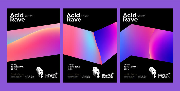 Acid rave party or music festival flyer or poster design template with abstract liquid gradient shapes on black background. Vector illustration