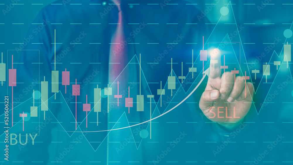 Aufkleber businessman touching virtual screen and data statistical index graph, stock market data and stock ex