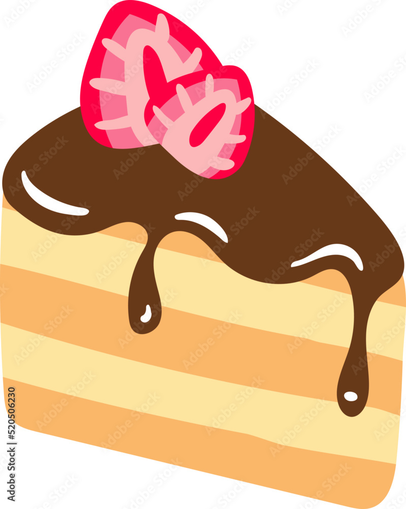 Poster slice of cake with chocolate and strawberry semi flat color vector object. dessert portion. full siz