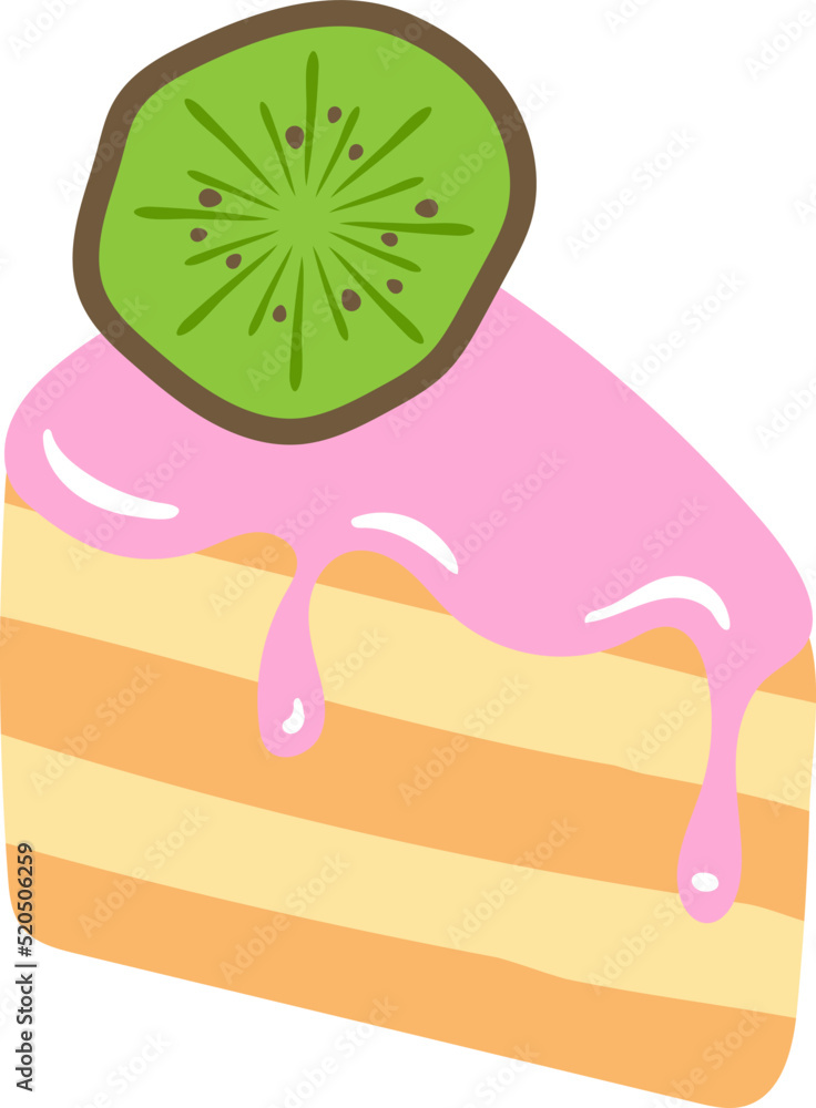 Aufkleber portion of cake with pink frosting and kiwi semi flat color vector object. full sized item on white.