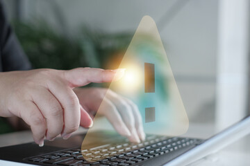 Server Not Found Error Danger Caution Warning Concept. Businessman using computer laptop with triangle caution warning sing for notification error and maintenance concept.