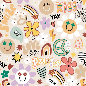 Groovy seamless pattern with flowers, rainbow, peace sign. Retro style texture. Vector illustration