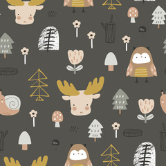Seamless forest pattern with bear, moose, owl, snail and forest elements . Creative modern woodland texture for fabric, wrapping, textile, wallpaper, apparel. Vector illustration