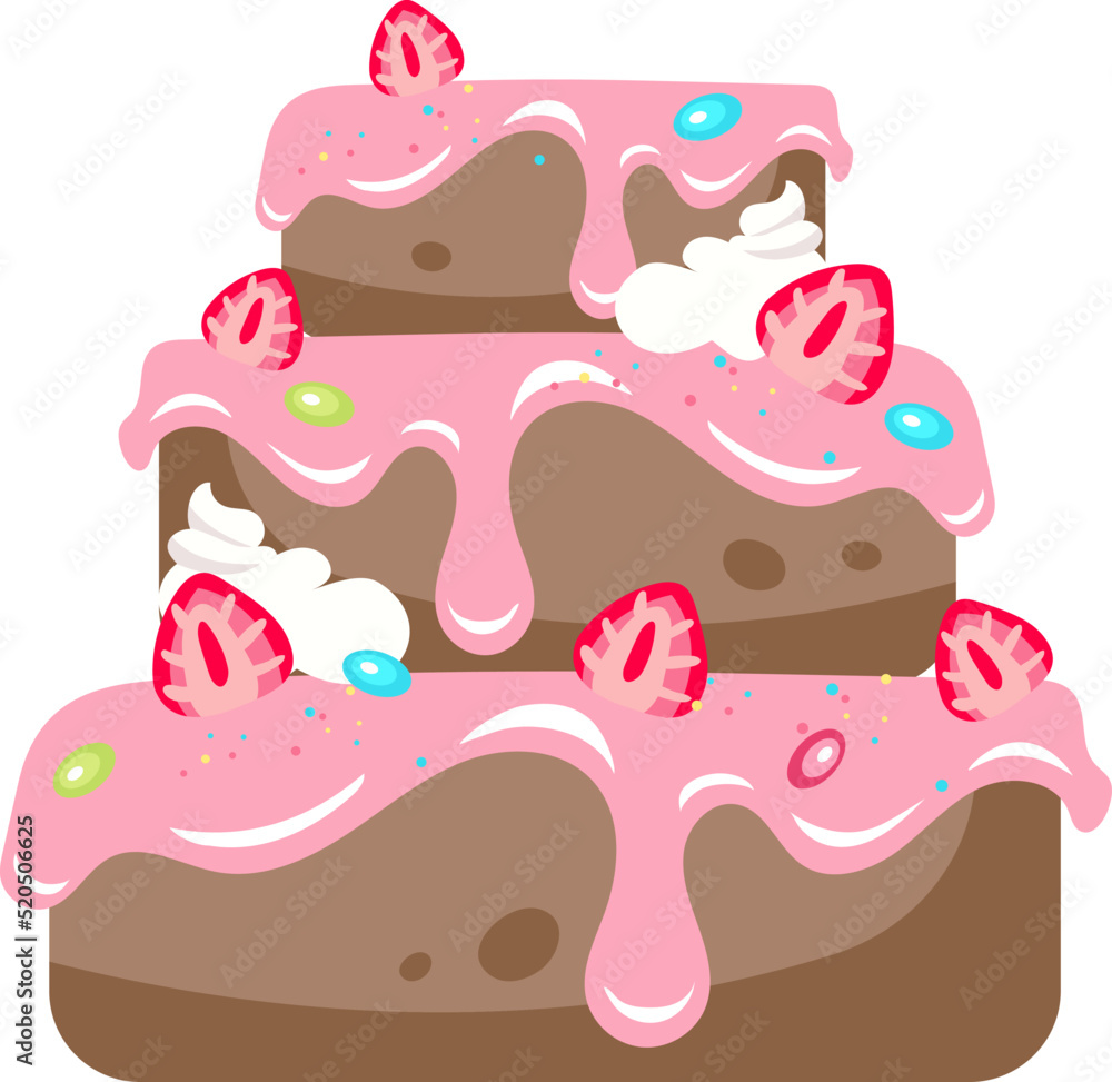 Poster large cake with strawberry semi flat color vector object. confectionery masterpiece. full sized item