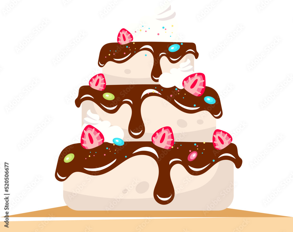 Aufkleber cake tier with chocolate frosting and berries semi flat color vector object. full sized item on whit