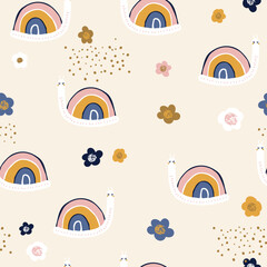 Seamless childish pattern with cute rainbow snail and flowers . Vector kids texture.