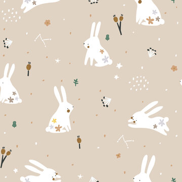 Seamless childish pattern with cute hand drawn rabbits and botanical elemnts. Creative kids hand drawn texture for fabric, wrapping, textile, wallpaper, apparel. Vector illustration