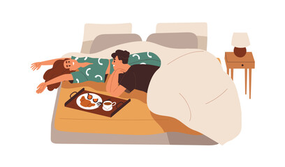 Love couple with breakfast in bed. Happy romantic man and woman lying together with coffee and croissant served on tray late in morning. Flat vector illustration isolated on white background