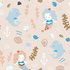 Seamless pattern with cute little little mermaids. Creative pastel undersea childish texture. Great for fabric, textile Vector Illustration