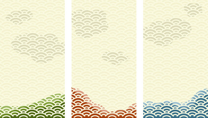 Illustration vector graphic of abstract Hills lanscape and sky. Japan art style with different color tone and cloud. Good for wallpaper or background, fabric print, decoration, etc.