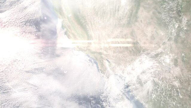 Earth zoom in from outer space to city. Zooming on Rancho Cucamonga, California, USA. The animation continues by zoom out through clouds and atmosphere into space. Images from NASA
