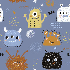 Childish seamless pattern with creative hand drawn monsters. Funny monsters vector background. Perfect for kids apparel, textile, fabric. - obrazy, fototapety, plakaty