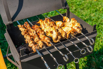 The process of cooking barbecue on a metal grill with burning firewood and smoke.Grilled meat. Cooking for a picnic.Delicious, juicy, aromatic pieces of shashlik.Meadow background.