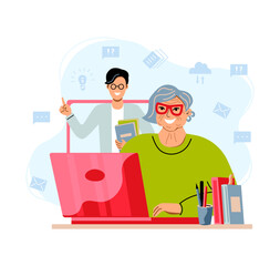 Aged female person is using laptop for learning. Online education, home schooling, active lifestyle and technology using concepts. Flat cartoon style vector illustration.